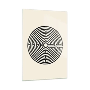 Impression sur verre - Image sur verre - Un labyrinthe noir et blanc de forme circulaire sur fond clair. - 50x70cm - Ordre mystérieux - Décoration murale moderne pour le salon et la chambre ARTTOR