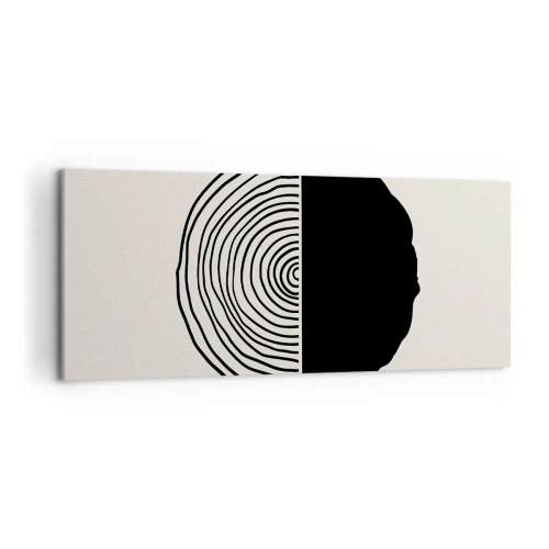 Impression sur toile - Image sur toile - Un motif abstrait en noir et blanc inspiré d'une coupe transversale de bois avec une division géométrique. - 120x50cm - Moitié-moitié - Décoration murale moderne pour le salon et la chambre ARTTOR
