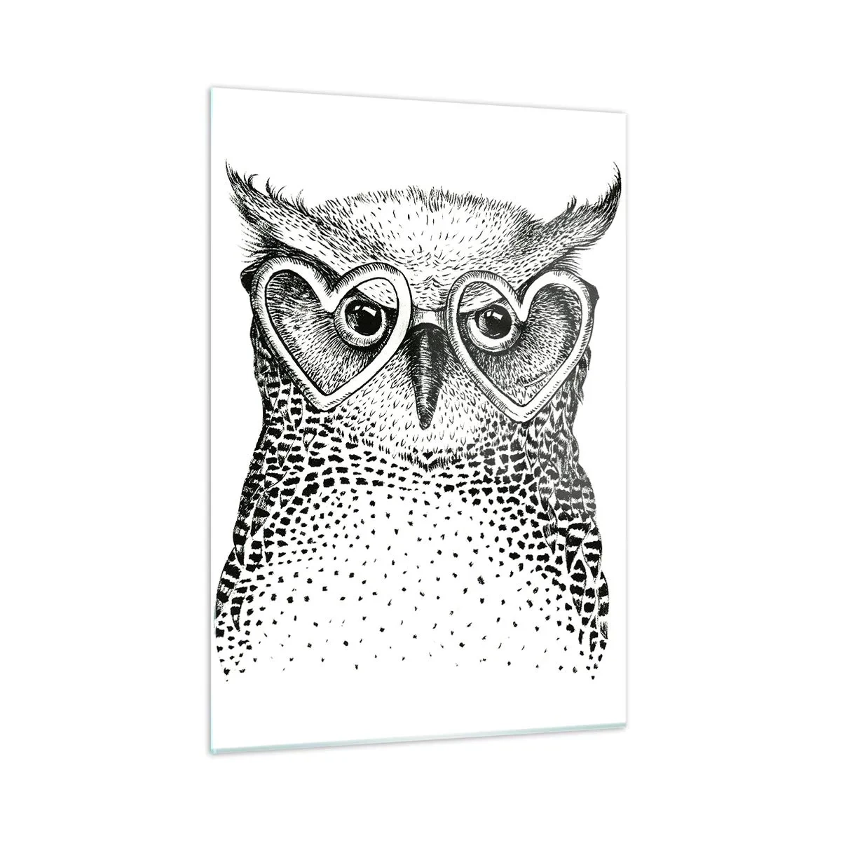 Impression sur verre - Image sur verre - Illustration d'un hibou portant des lunettes en forme de cœur - 50x70cm - Sagement et avec amour - Décoration murale moderne pour le salon et la chambre ARTTOR