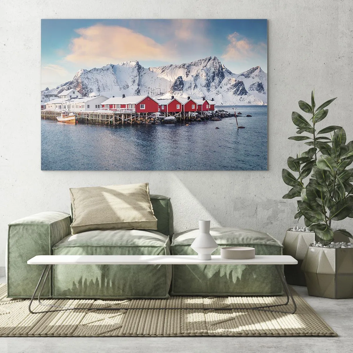 Impression sur verre - Image sur verre - Chalets de pêcheurs rouges sur le fjord avec les montagnes en arrière-plan - 100x70cm - Retraite dans le nord - Décoration murale moderne pour le salon et la chambre ARTTOR