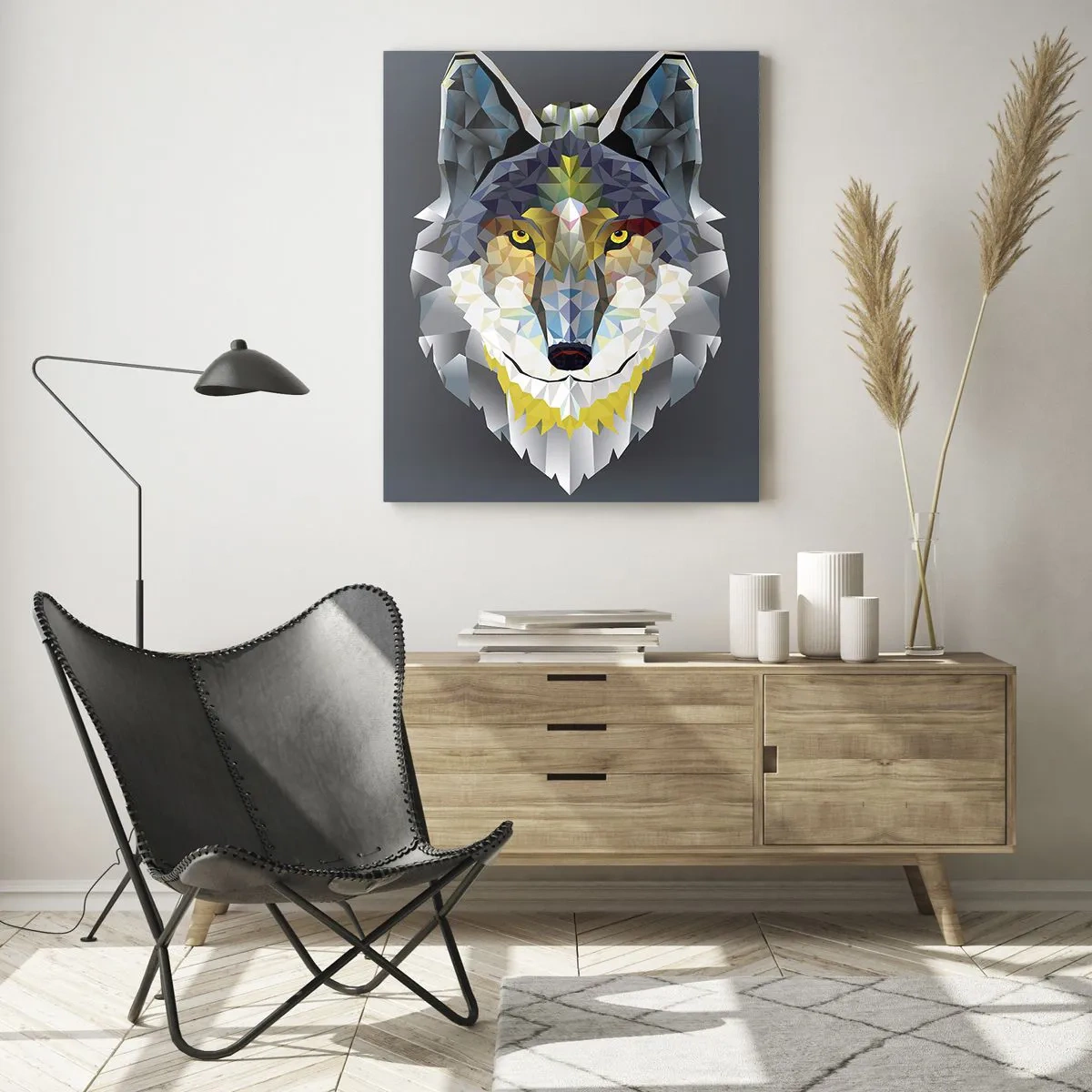 Impression sur verre - Image sur verre - Image géométrique d'un loup sur fond gris - 80x120cm - On parle du loup - Décoration murale moderne pour le salon et la chambre ARTTOR