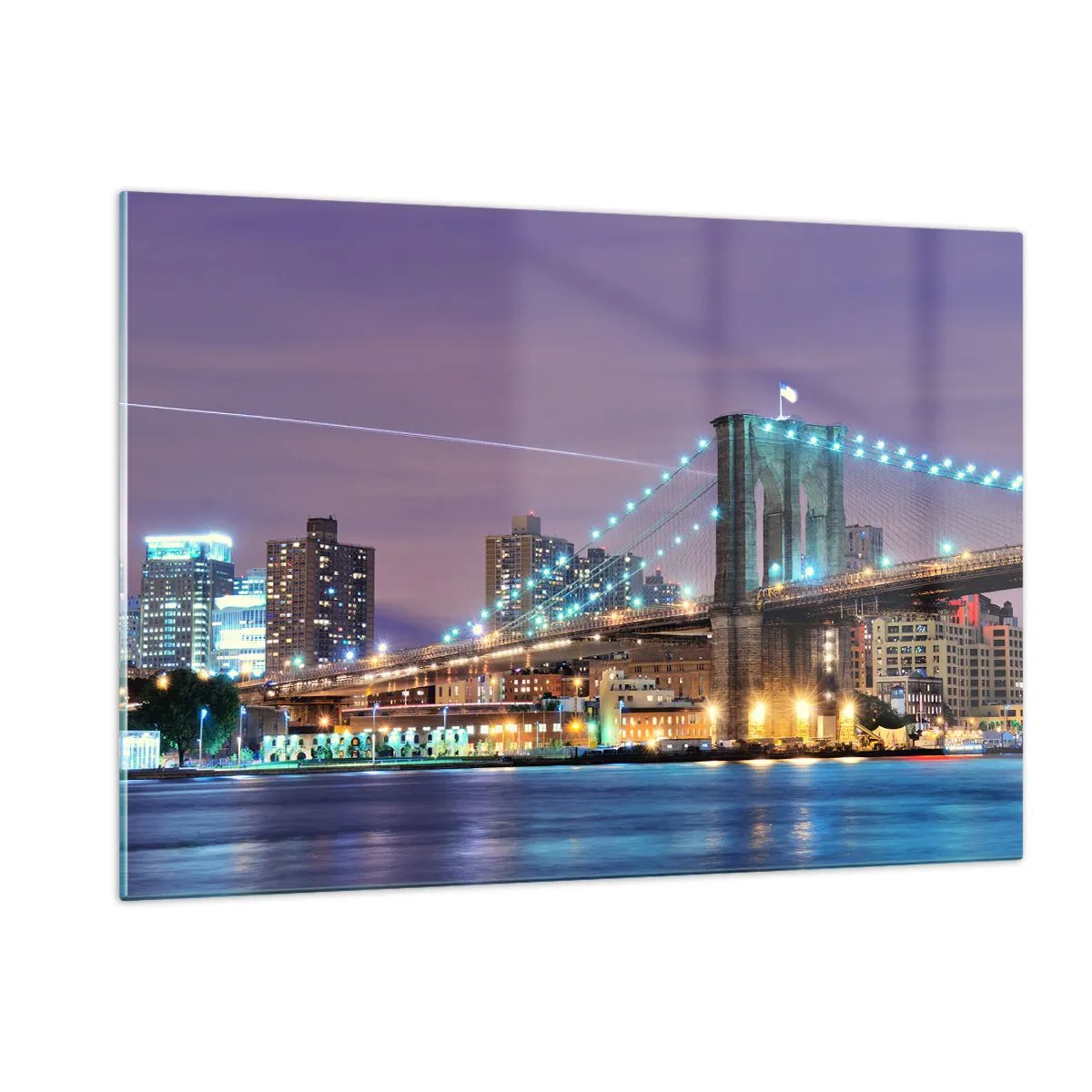 Impression sur verre - Image sur verre - Le pont de Brooklyn la nuit avec les tours et la ville illuminées - 120x80cm - Depuis de nombreuses années le pont de Brooklyn - Décoration murale moderne pour le salon et la chambre ARTTOR