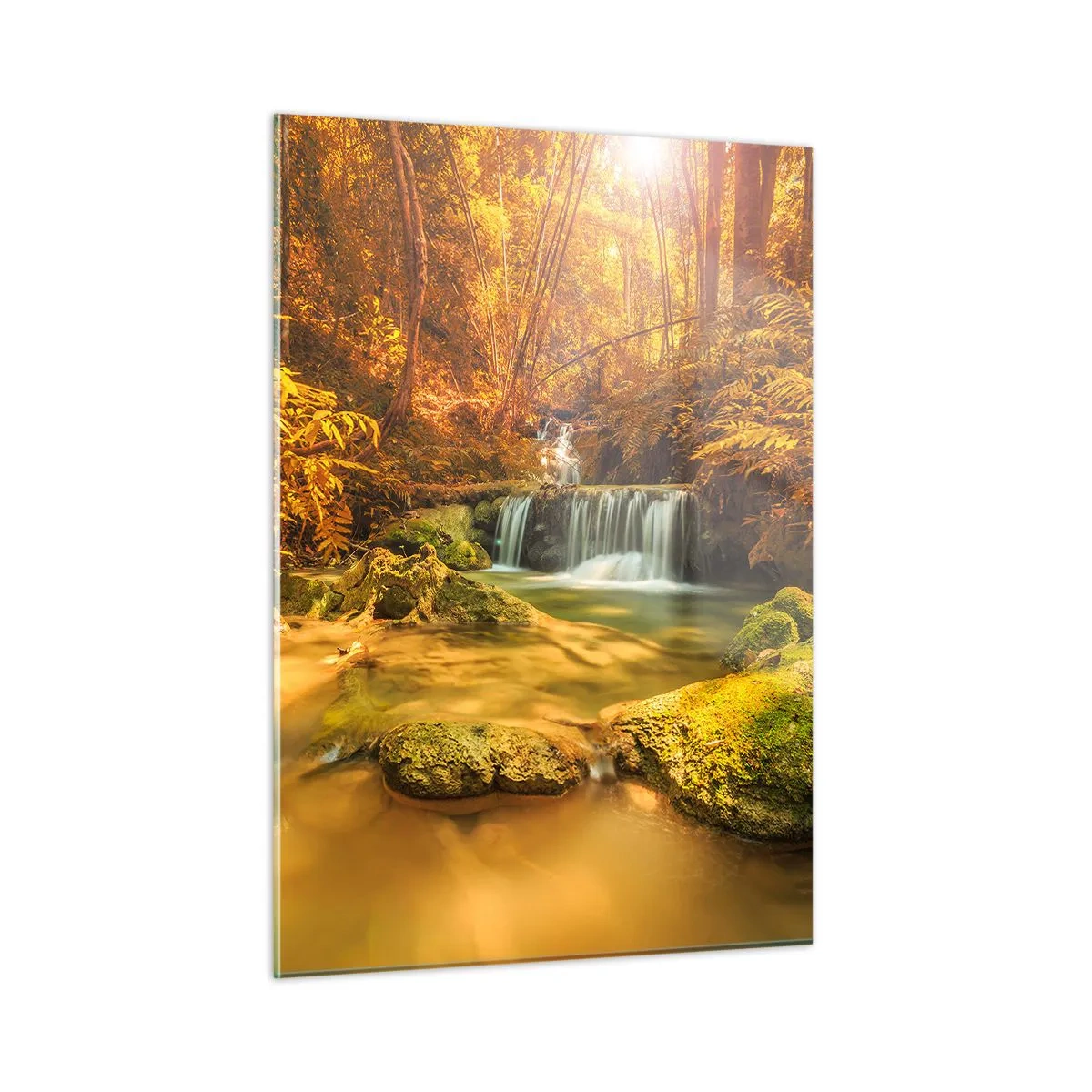 Impression sur verre - Image sur verre - Cascade forestière en or - 50x70cm - Cascade de forêt en or - Décoration murale moderne pour le salon et la chambre ARTTOR