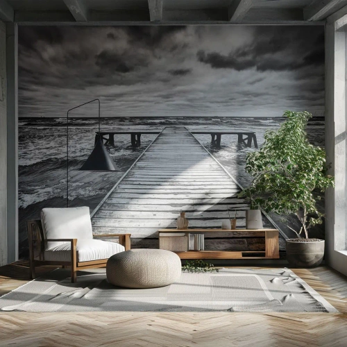 Papier Peint Photo Standard Eco - Jetée en bois en noir et blanc - 100x70cm - J'attends que le vent, ça le chassera... - Décoration murale moderne pour le salon et la chambre ARTTOR