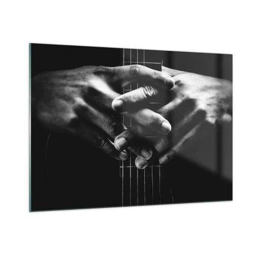 Impression sur verre - Image sur verre - Mains jointes posées sur le manche de la guitare en noir et blanc - 100x70cm - Prière d'artiste - Décoration murale moderne pour le salon et la chambre ARTTOR