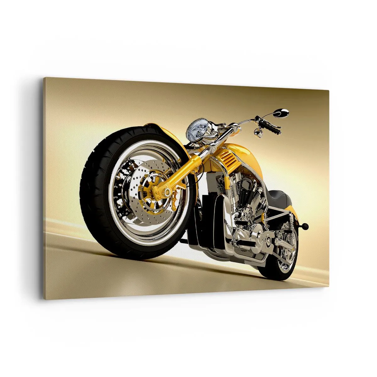 Impression sur toile - Image sur toile - Une moto jaune de style chopper contre un mur beige - 100x70cm - Un rêve de force et de vitesse - Décoration murale moderne pour le salon et la chambre ARTTOR
