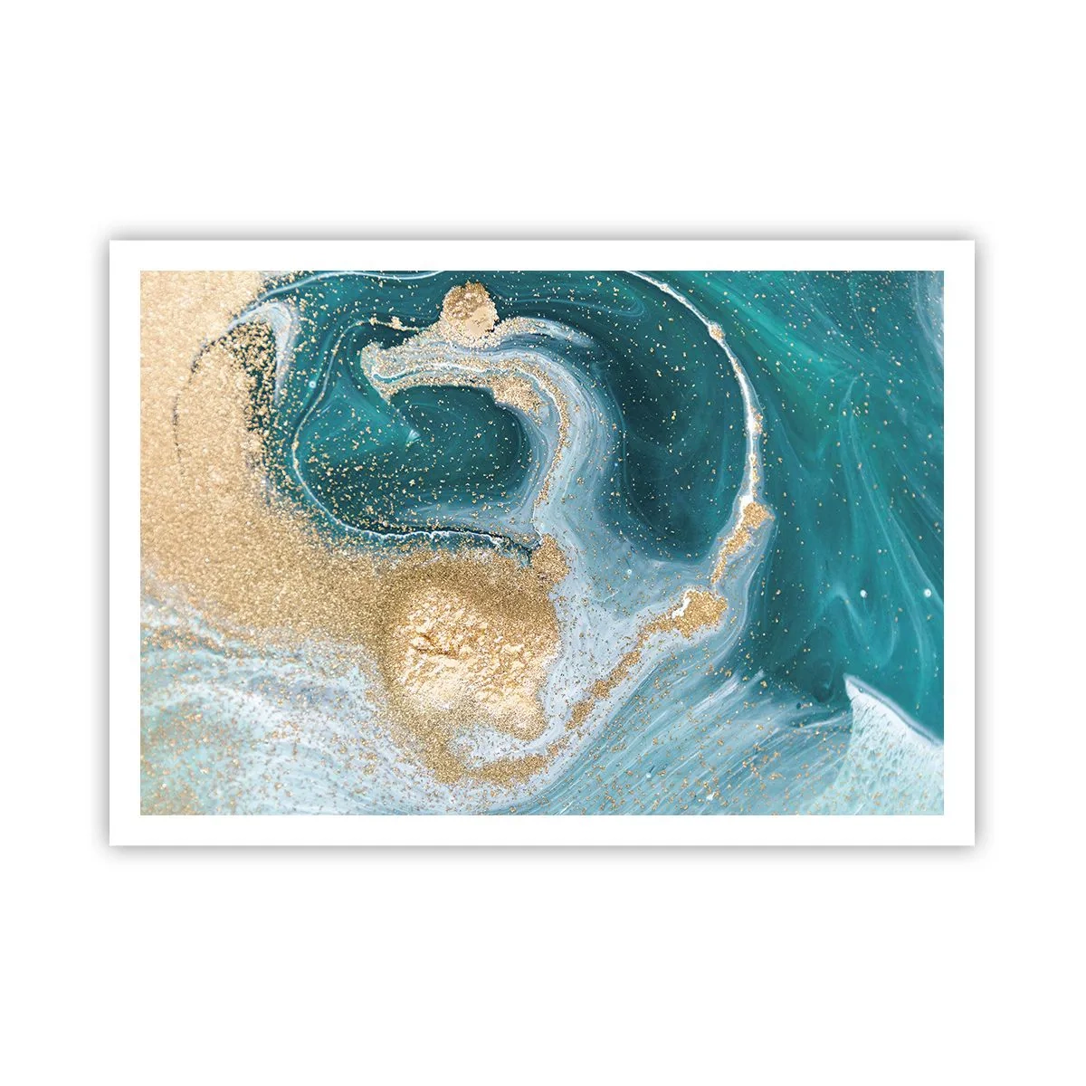 Affiche - Poster - Tourbillon abstrait dans les tons turquoise et or - 100x70cm - Tourbillon d'or et de turquoise - Décoration murale moderne pour le salon et la chambre ARTTOR