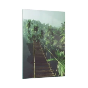 Impression sur verre - Image sur verre - Un pont suspendu dans une forêt tropicale entourée de brouillard. - 80x120cm - Au fil de la verdure - Décoration murale moderne pour le salon et la chambre ARTTOR