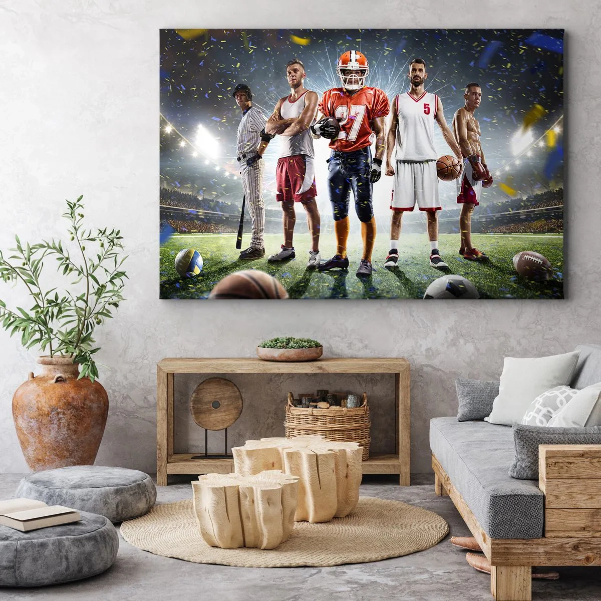 Impression sur toile - Image sur toile - Une scène dynamique d'athlètes de diverses disciplines dans le stade sous les projecteurs - 120x80cm - Gladiateurs des champs - Décoration murale moderne pour le salon et la chambre ARTTOR