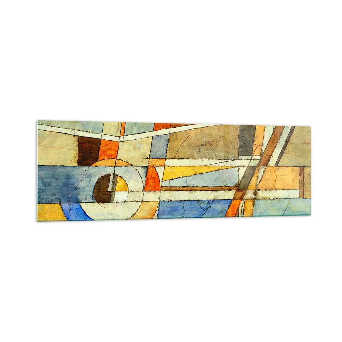 Impression sur verre - Image sur verre - Abstraction géométrique dans les tons beige, bleu et orange - 160x50cm - Cubisme sur le chantier - Décoration murale moderne pour le salon et la chambre ARTTOR