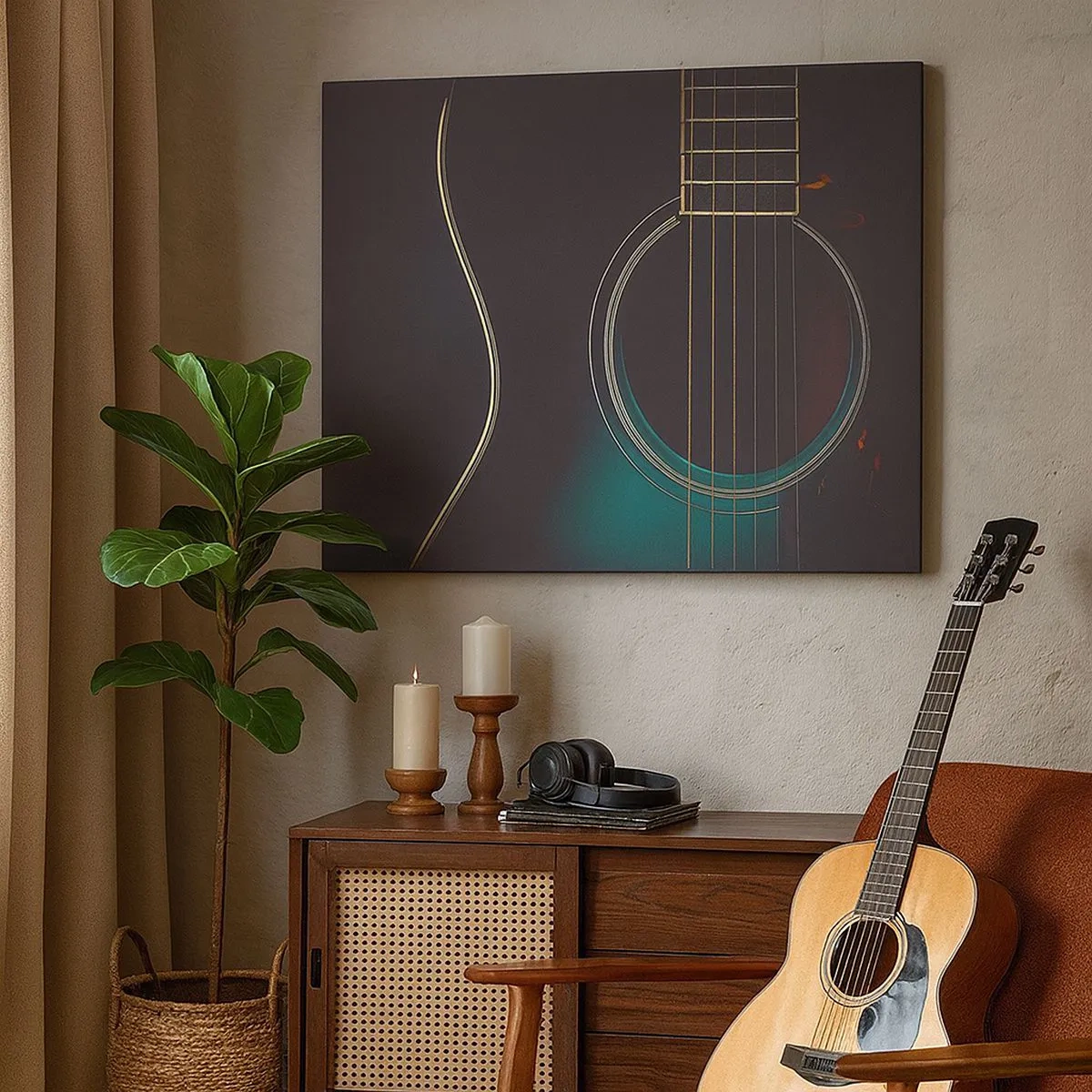 Impression sur toile - Image sur toile - Guitare acoustique dans une lumière sombre et élégante - 70x50cm - Le calme avant la tempête - Décoration murale moderne pour le salon et la chambre ARTTOR
