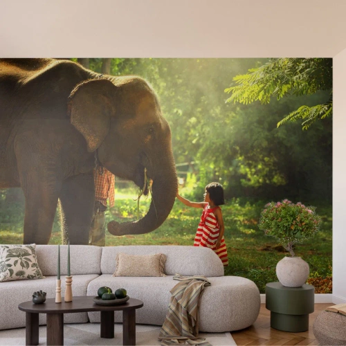 Papier Peint Photo Premium Sand - La force de l'amitié - Animaux, Éléphant, Fille - 500x350 cm