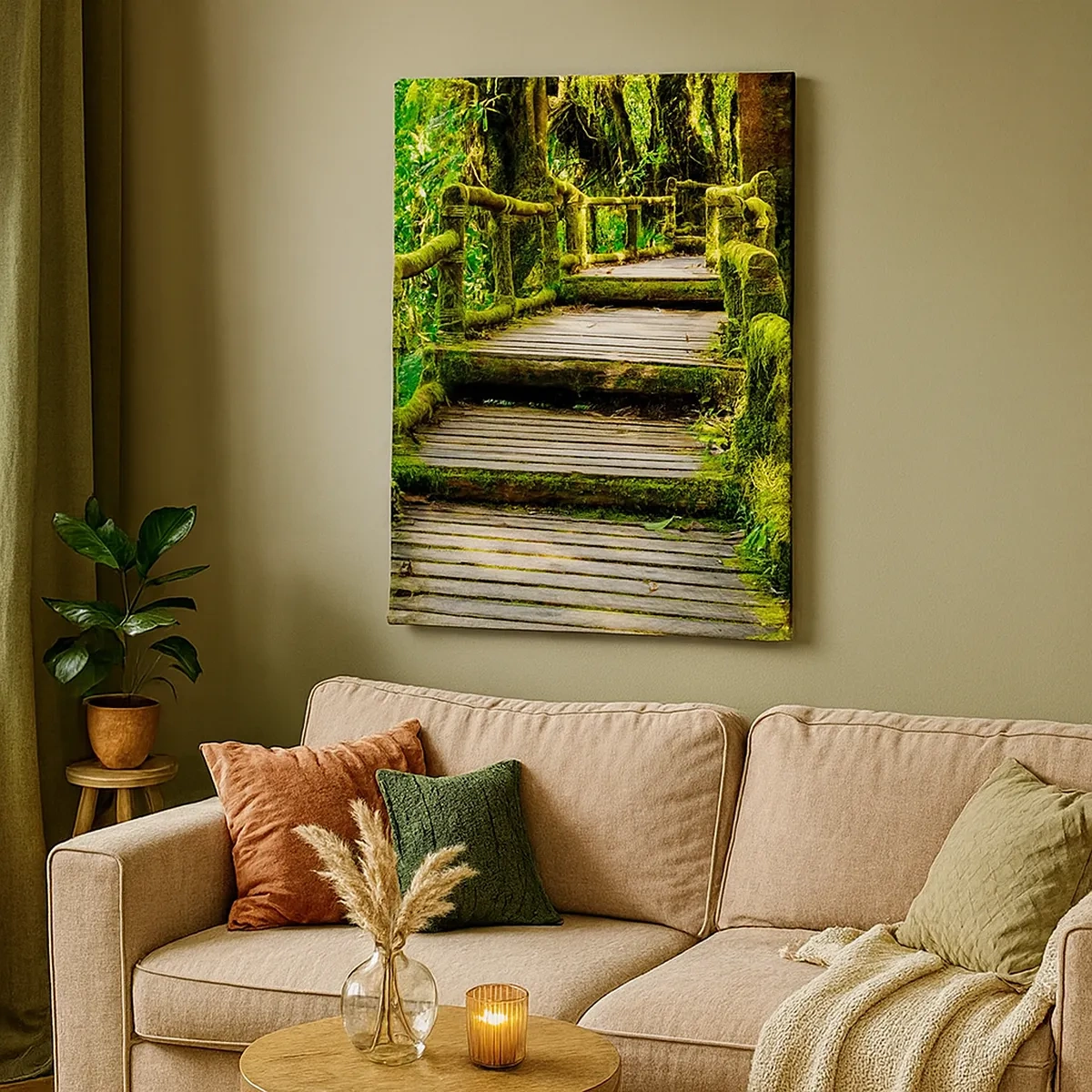 Impression sur toile - Image sur toile - Un pont en bois recouvert de mousse dans une forêt tropicale - 50x70cm - Un couloir de verdure - Décoration murale moderne pour le salon et la chambre ARTTOR