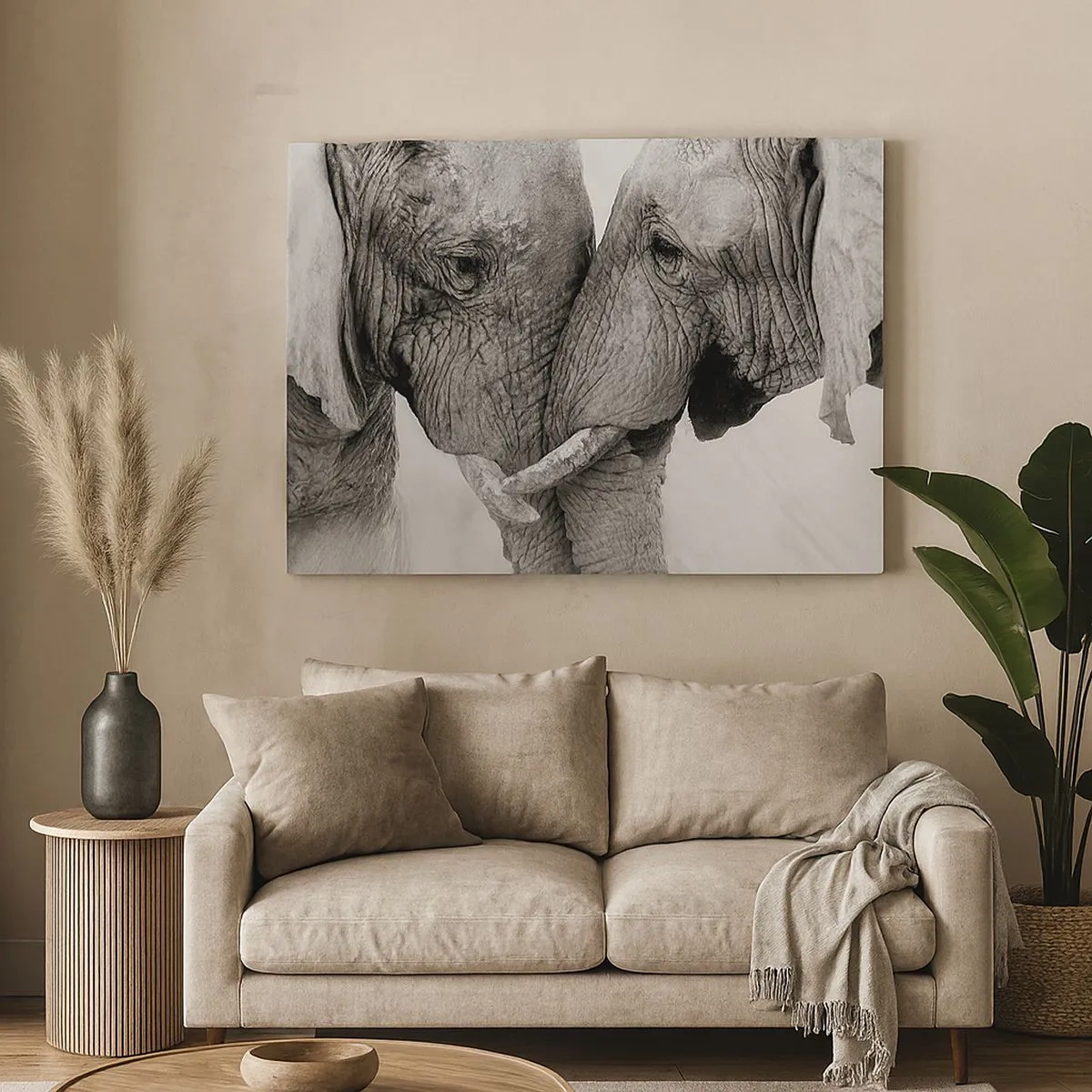 Impression sur toile - Image sur toile - Deux éléphants dans un geste tendre sur un fond monochrome - 70x50cm - Confession sincère - Décoration murale moderne pour le salon et la chambre ARTTOR