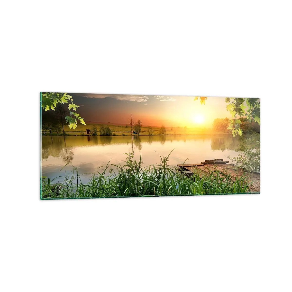 Impression sur verre - Image sur verre - Paysage verdoyant avec un lac au coucher du soleil - 120x50cm - Paysage dans un cadre verdoyant - Décoration murale moderne pour le salon et la chambre ARTTOR