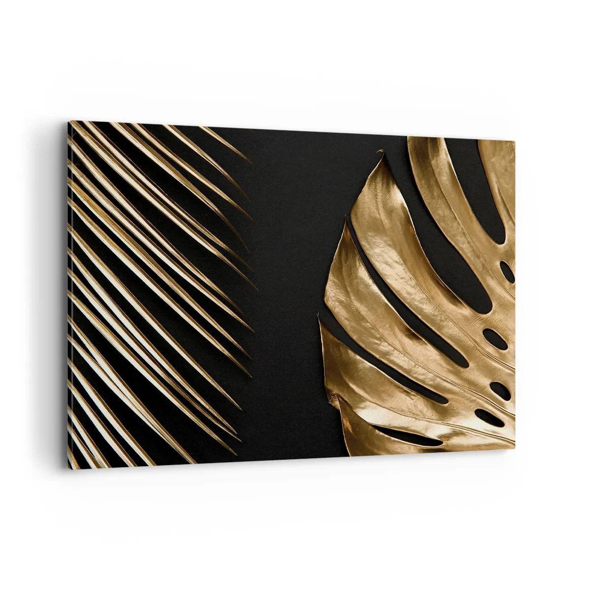 Impression sur toile - Image sur toile - Feuilles dorées sur fond noir - 100x70cm - Différent et tout aussi cher - Décoration murale moderne pour le salon et la chambre ARTTOR