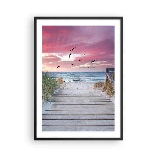 Affiche dans un cadre noir - Poster - Chemin en bois sur la plage avec vue sur la mer au coucher du soleil - 50x70cm - Impression de la Baltique - Décoration murale moderne pour le salon et la chambre ARTTOR