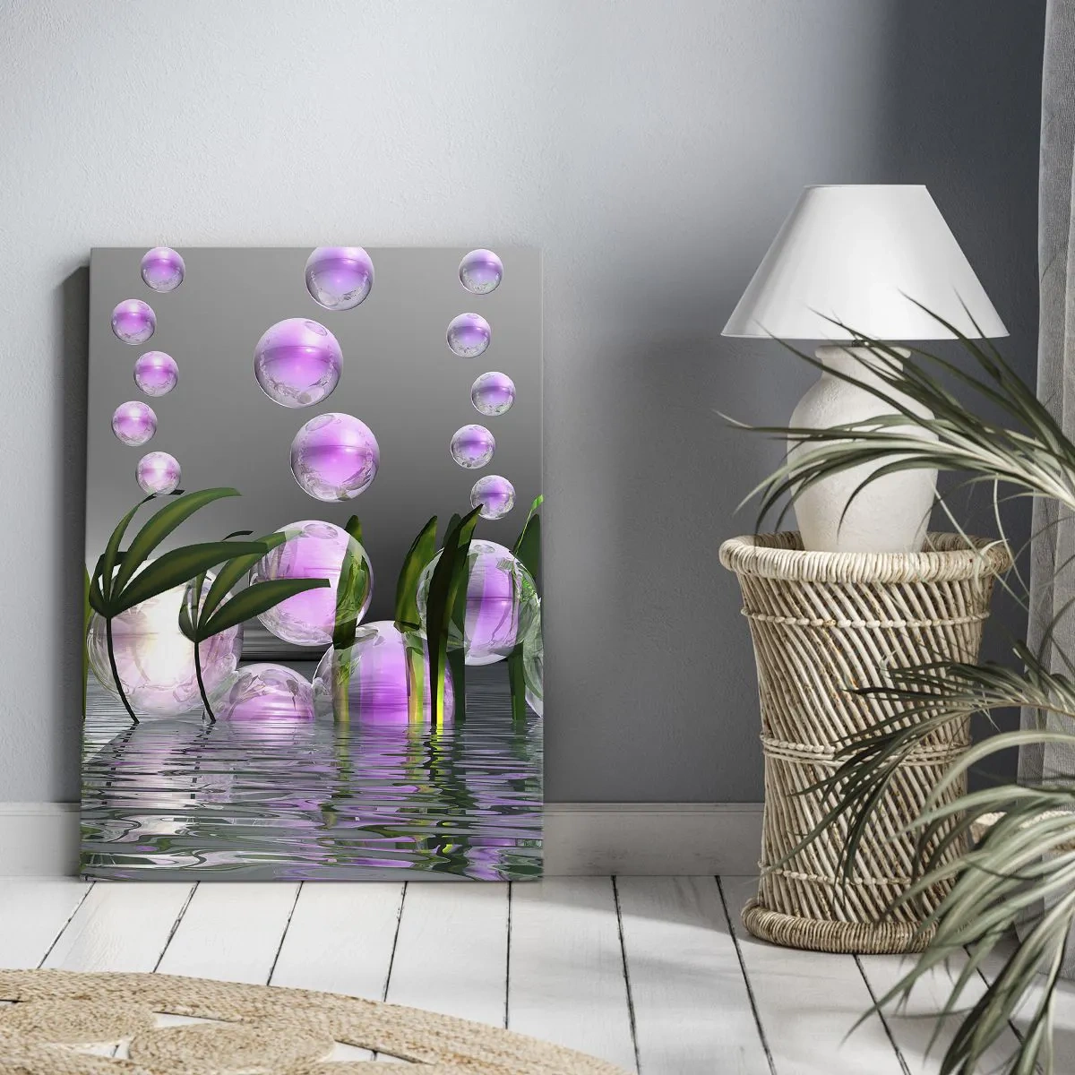 Impression sur toile - Image sur toile - Feuilles vertes et bulles roses au-dessus de l'eau sur fond gris - 80x120cm - Une composition réfléchissante de légèreté et de vie - Décoration murale moderne pour le salon et la chambre ARTTOR