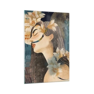 Impression sur verre - Image sur verre - Portrait d'une femme avec des fleurs dans un style artistique sur fond sombre - 70x100cm - Conte de fée sur la princesse lilas - Décoration murale moderne pour le salon et la chambre ARTTOR