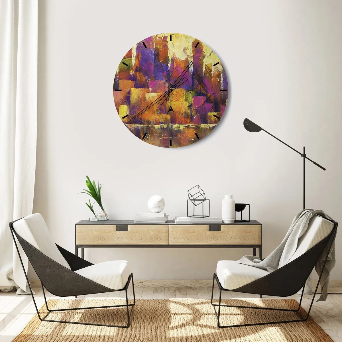 Horloge murale - Pendule murale - Une composition abstraite dans les tons jaune et violet. - 30x30cm - Composition métropolitaine - Décoration murale moderne pour le salon, la cuisine et la chambre ARTTOR