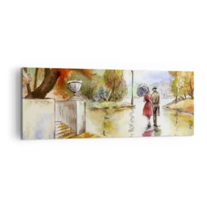 Impression sur toile - Image sur toile - Une promenade dans le parc d'automne avec un parapluie - 140x50cm - Automne romantique dans le parc - Décoration murale moderne pour le salon et la chambre ARTTOR
