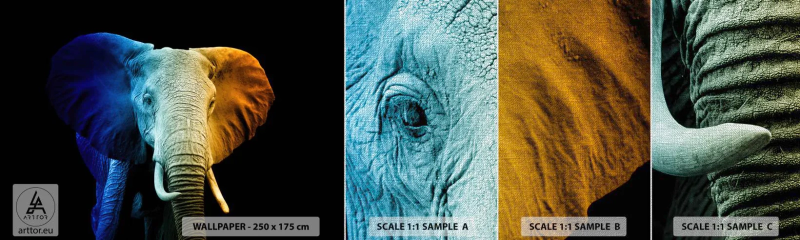 Échantillon de Papier Peint Premium Canvas - Excentrique, pas bizarre - Abstraction, Éléphant, Animaux - 100x30 cm