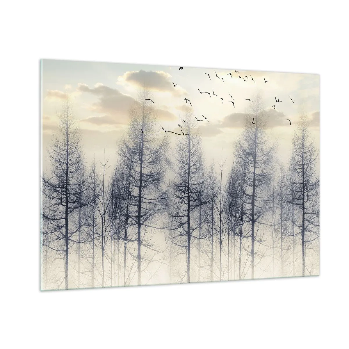Impression sur verre - Image sur verre - Une forêt brumeuse avec des oiseaux, illuminée par le soleil levant - 100x70cm - L'âme de la forêt - Décoration murale moderne pour le salon et la chambre ARTTOR