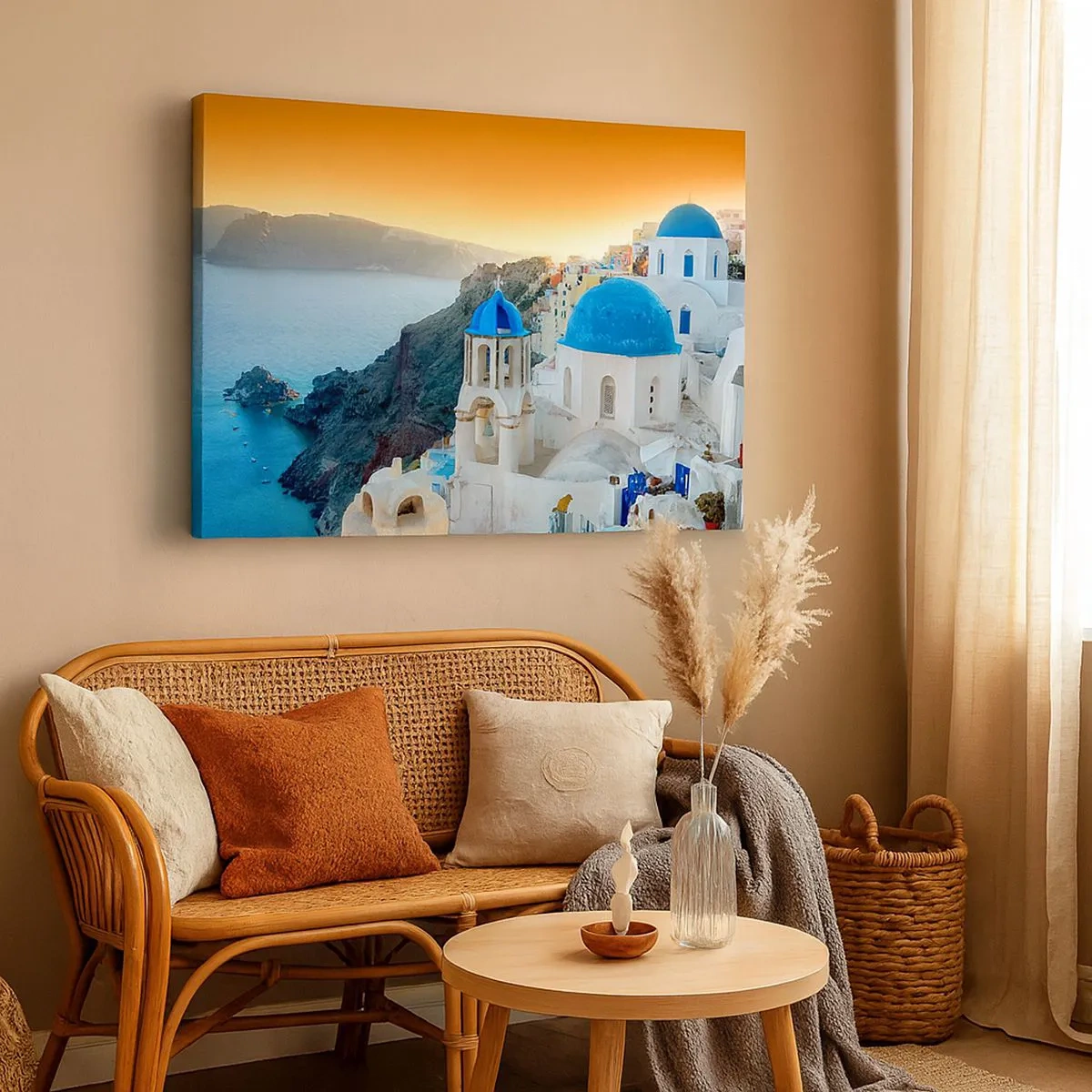 Impression sur toile - Image sur toile - Vue de Santorin avec des bâtiments blancs et une mer bleue - 70x50cm - Santorin - blotti contre les rochers - Décoration murale moderne pour le salon et la chambre ARTTOR