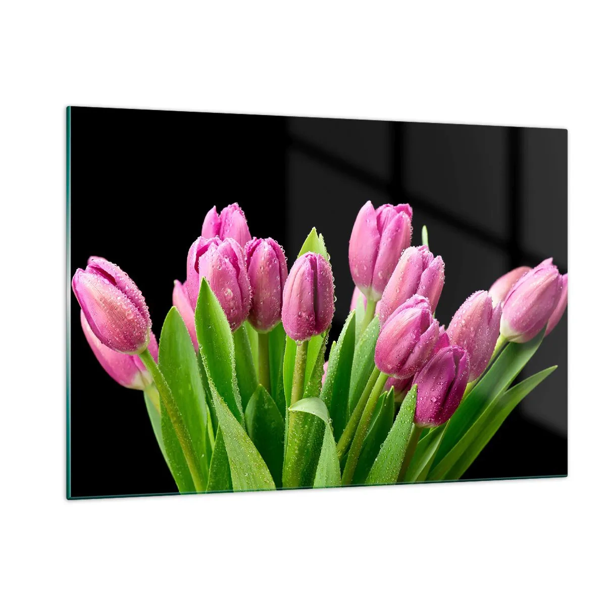 Impression sur verre - Image sur verre - Un bouquet de tulipes roses recouvertes de gouttes d'eau sur fond noir. - 120x80cm - Joie printanière des lilas - Décoration murale moderne pour le salon et la chambre ARTTOR