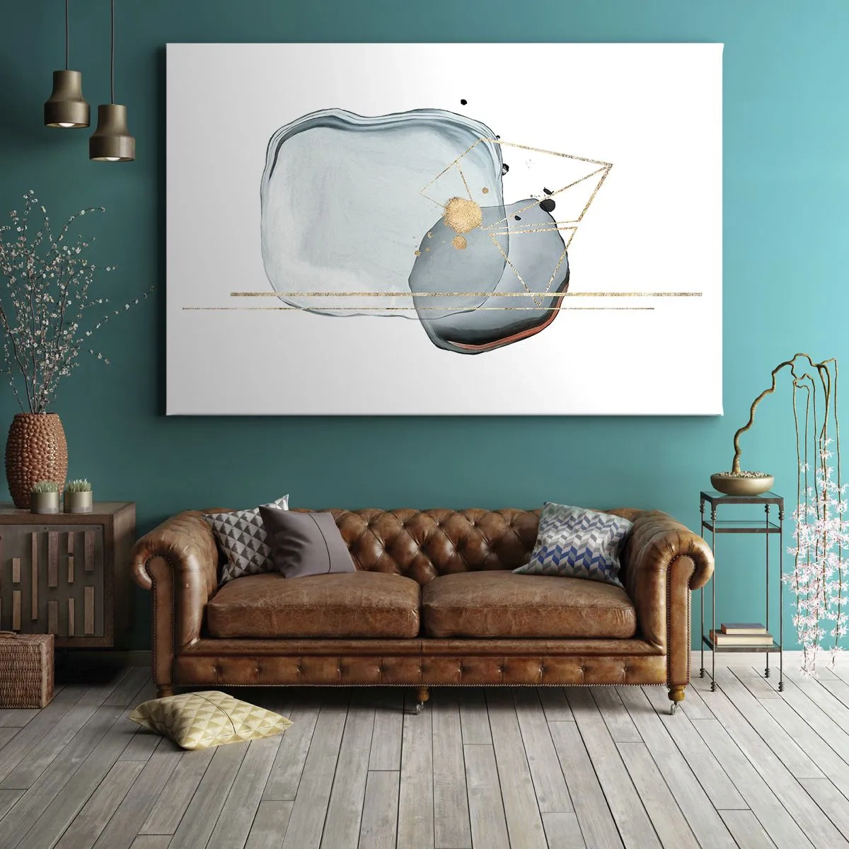 Impression sur toile - Image sur toile - Formes abstraites dans des tons de bleu et d'or sur fond blanc - 70x50cm - Etude des gouttes - Décoration murale moderne pour le salon et la chambre ARTTOR