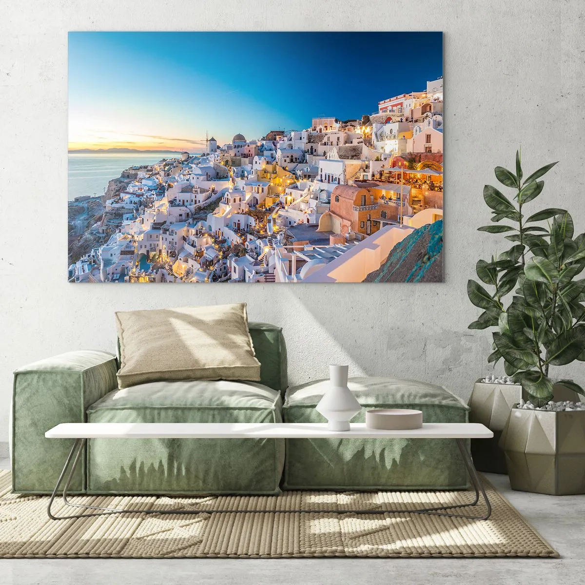 Impression sur verre - Image sur verre - Panorama de Santorin au coucher du soleil - 100x70cm - L'essence de la grecque - Décoration murale moderne pour le salon et la chambre ARTTOR