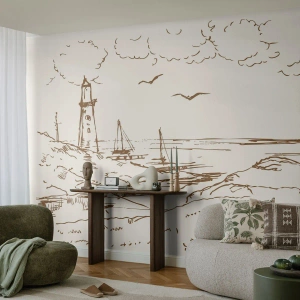 Papier Peint Photo Premium Canvas - Esquisse de souvenirs d'été - Graphique, Côte, Phare - 250x175 cm