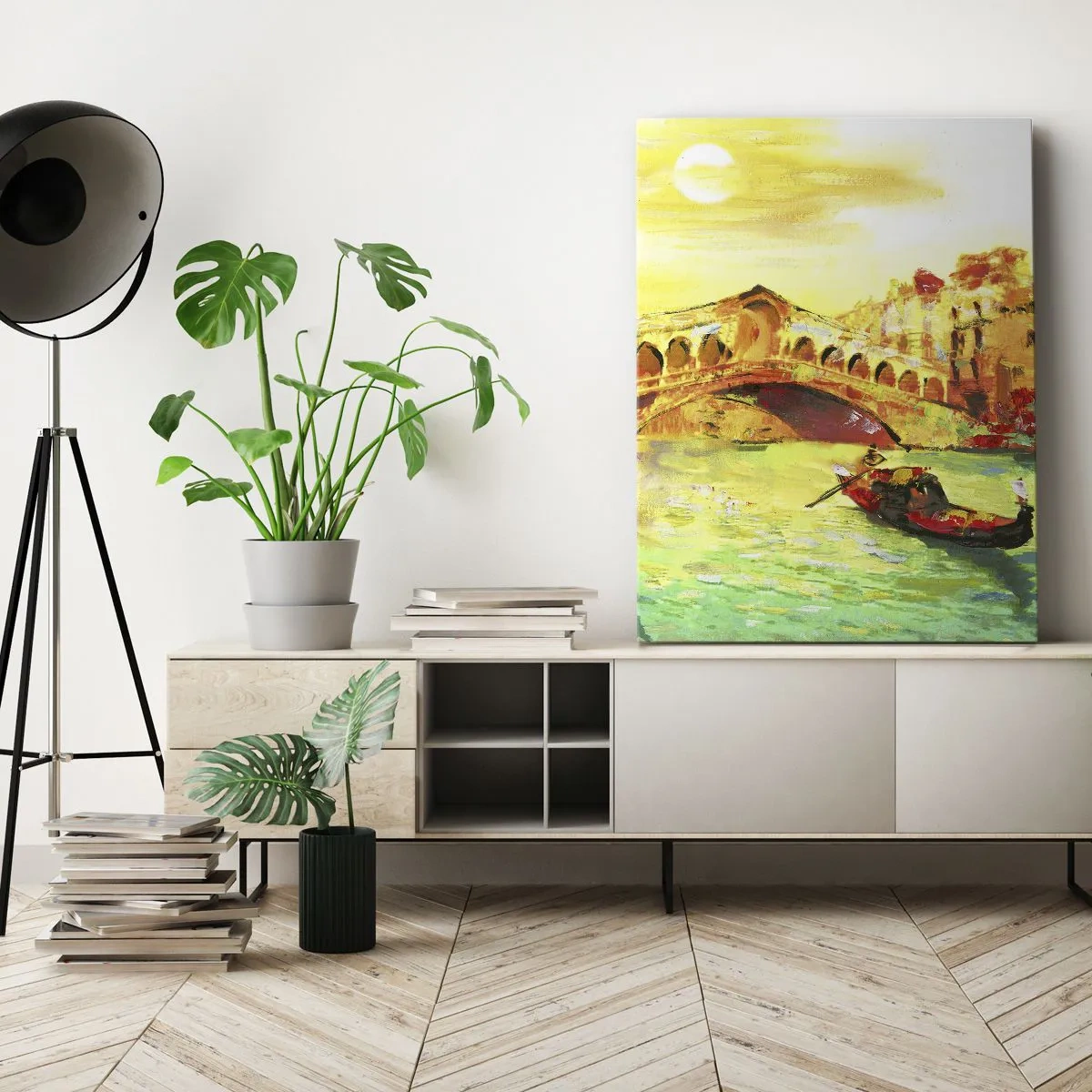Impression sur toile - Image sur toile - Un pont pittoresque sur le canal avec une gondole à la lumière du soleil couchant - 70x100cm - Un pèlerinage d'amoureux - Décoration murale moderne pour le salon et la chambre ARTTOR