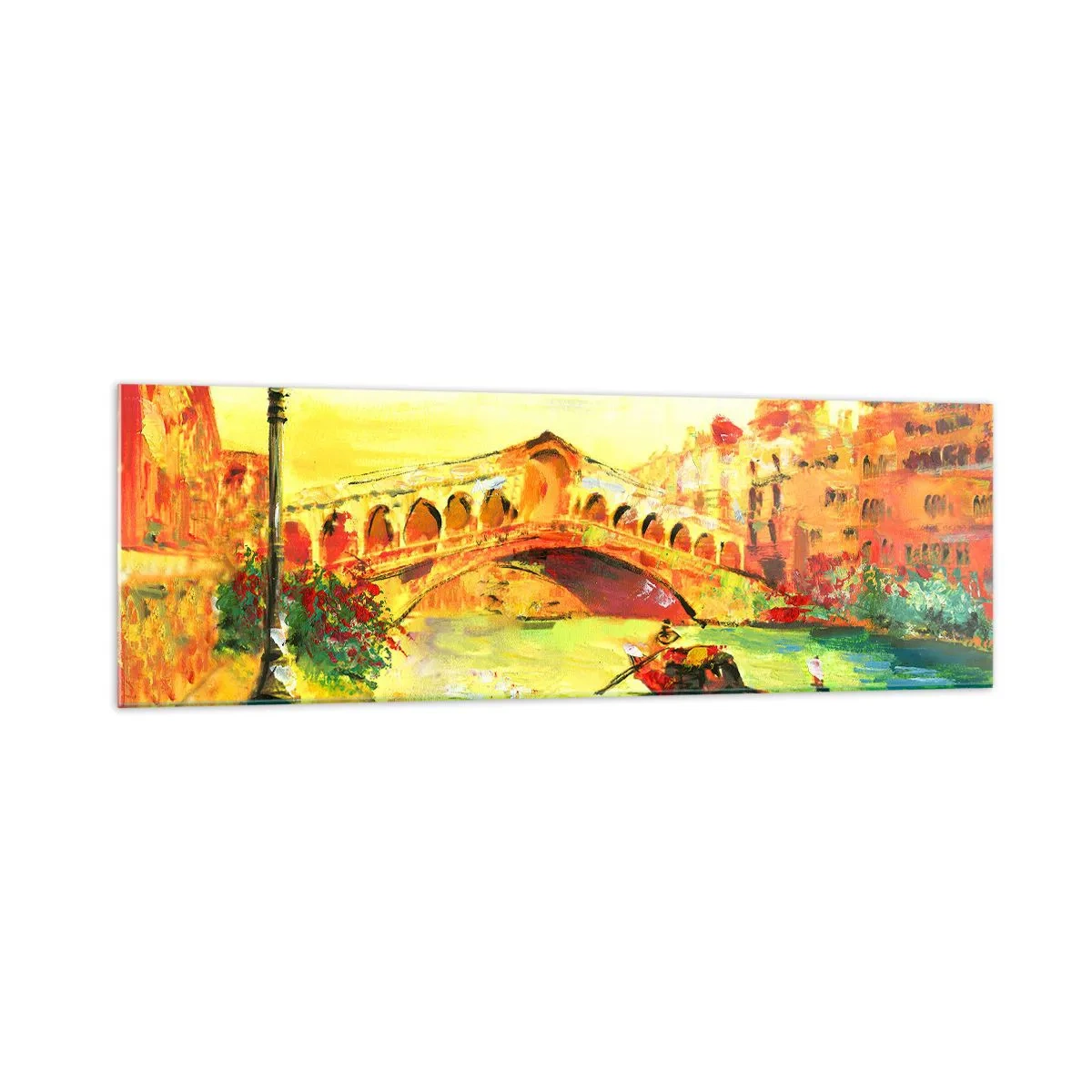 Impression sur verre - Image sur verre - Un pont pittoresque sur le canal avec une gondole à la lumière du soleil couchant - 160x50cm - Un pèlerinage d'amoureux - Décoration murale moderne pour le salon et la chambre ARTTOR