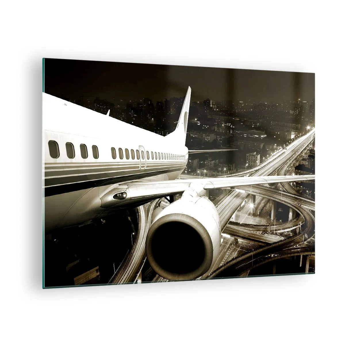Impression sur verre - Image sur verre - Un avion au dessus de la ville la nuit avec une ambiance industrielle - 70x50cm - Vole dans la nuit - Décoration murale moderne pour le salon et la chambre ARTTOR