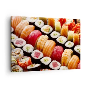 Impression sur toile - Image sur toile - Sushis colorés disposés en rangées avec diverses garnitures - 70x50cm - Couleurs et saveurs d'Asie - Décoration murale moderne pour le salon et la chambre ARTTOR