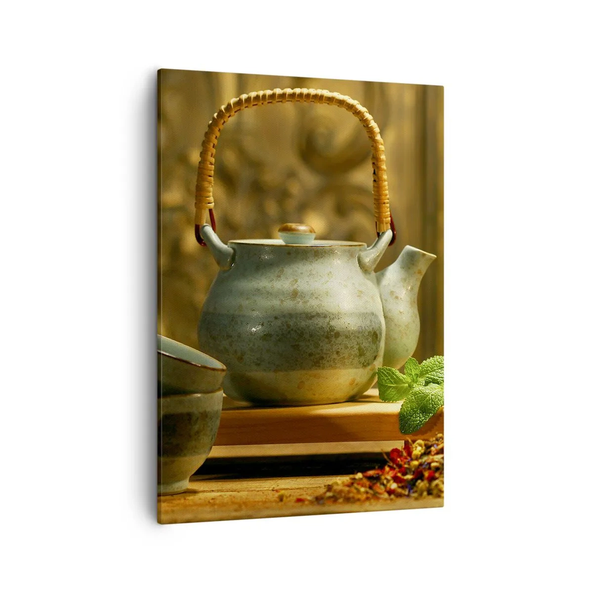 Impression sur toile - Image sur toile - Pichet en céramique avec tasses et thé séché - 50x70cm - Un traité sur la consommation de thé - Décoration murale moderne pour le salon et la chambre ARTTOR
