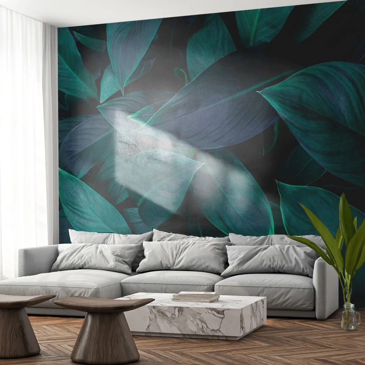 Papier Peint Photo Premium Sand - Feuilles tropicales vert foncé sur fond noir - 100x70cm - le vert lui-même - Décoration murale moderne pour le salon et la chambre ARTTOR