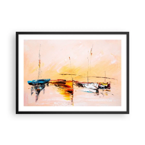 Affiche dans un cadre noir - Poster - Bateaux colorés sur une eau calme au coucher du soleil - 70x50cm - Soirée à la marina - Décoration murale moderne pour le salon et la chambre ARTTOR