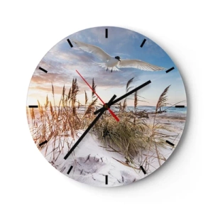 Horloge murale - Pendule murale - Plage au coucher du soleil avec un oiseau survolant les dunes - 30x30cm - Vent de mer - Décoration murale moderne pour le salon, la cuisine et la chambre ARTTOR