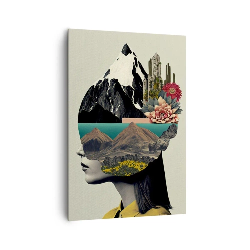 Impression sur toile - Image sur toile - Collage d'une femme avec un paysage de montagne et des fleurs - 70x100cm - La femme – toujours un mystère - Décoration murale moderne pour le salon et la chambre ARTTOR