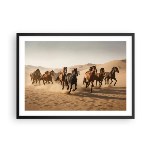 Affiche dans un cadre noir - Poster - Chevaux au galop sur fond de désert - 70x50cm - Libre comme le vent - Décoration murale moderne pour le salon et la chambre ARTTOR