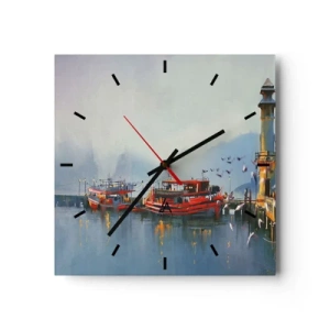 Horloge murale - Pendule murale - Un port avec des bateaux rouges entouré d'un paysage brumeux - 30x30cm - Na końcu świata - Décoration murale moderne pour le salon et la chambre ARTTOR