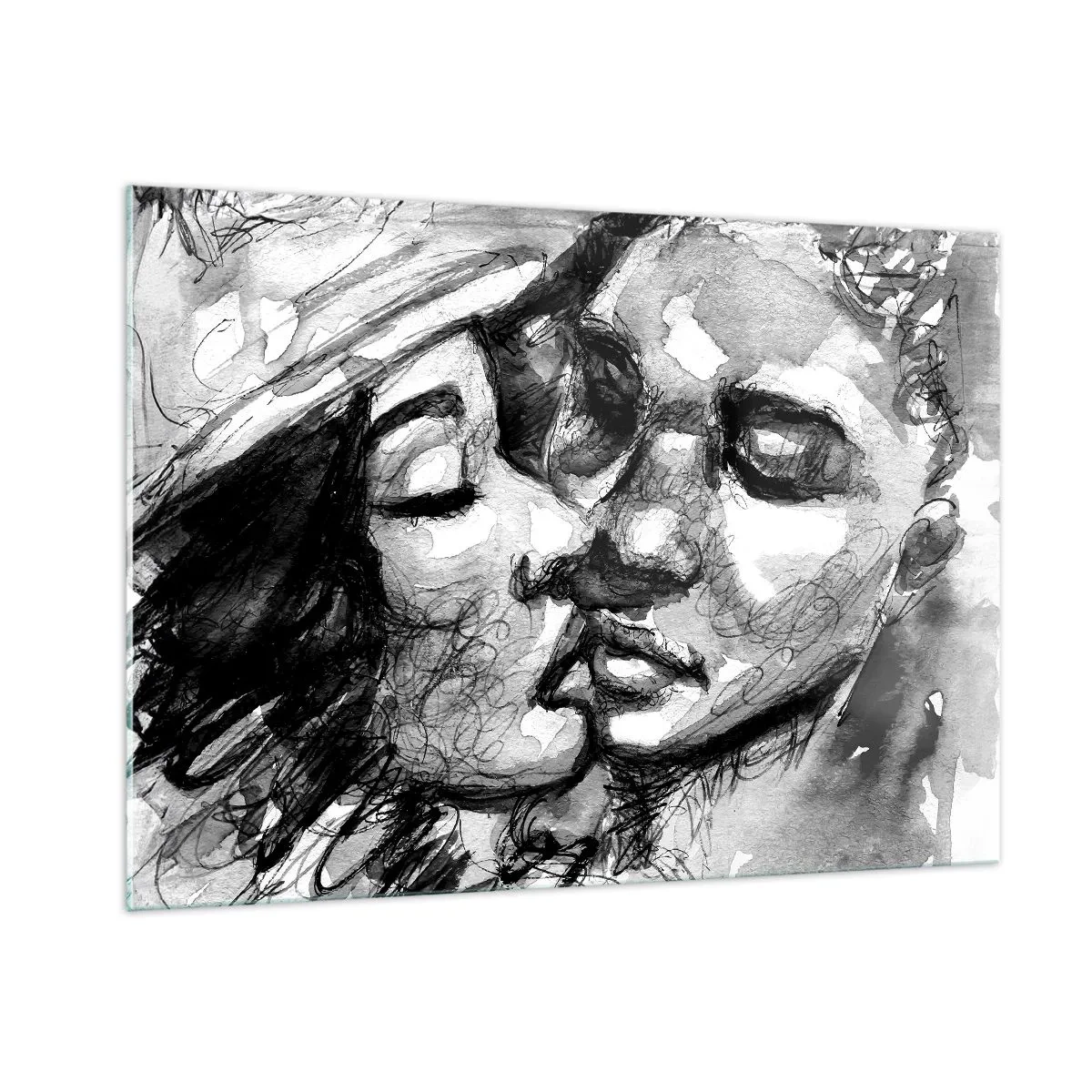 Impression sur verre - Image sur verre - Croquis en noir et blanc d'un tendre baiser - 100x70cm - Un moment tendre - Décoration murale moderne pour le salon et la chambre ARTTOR