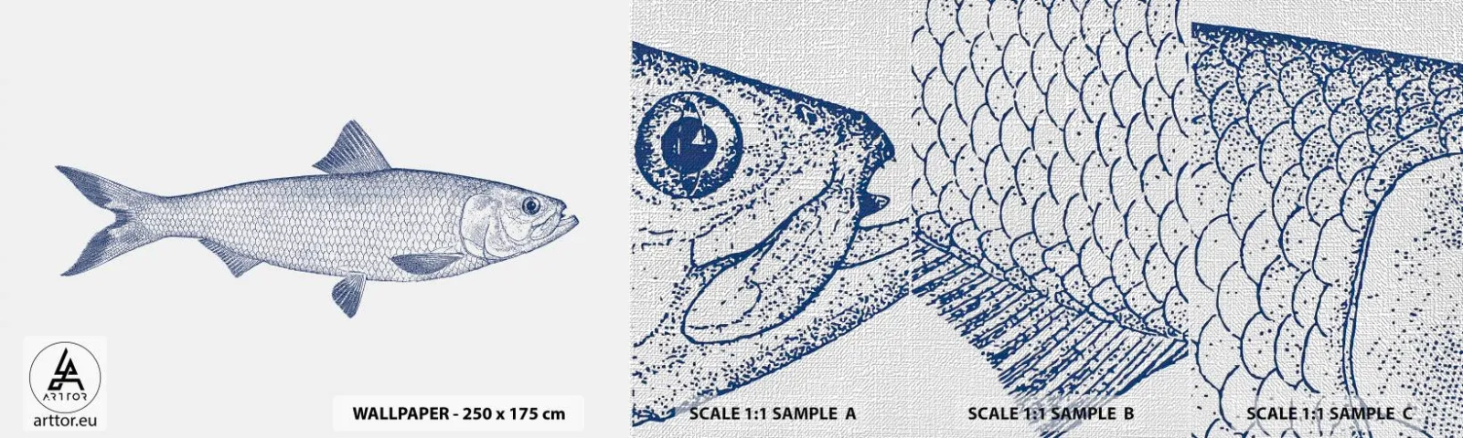 Échantillon de Papier Peint Premium Canvas - Salutations des mers du nord - Poisson, Animal marin, Style bord de mer - 100x30 cm