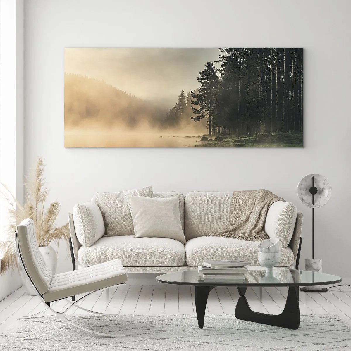 Impression sur verre - Image sur verre - Une forêt brumeuse sur un lac calme - 120x50cm - Naissance du jour - Décoration murale moderne pour le salon et la chambre ARTTOR