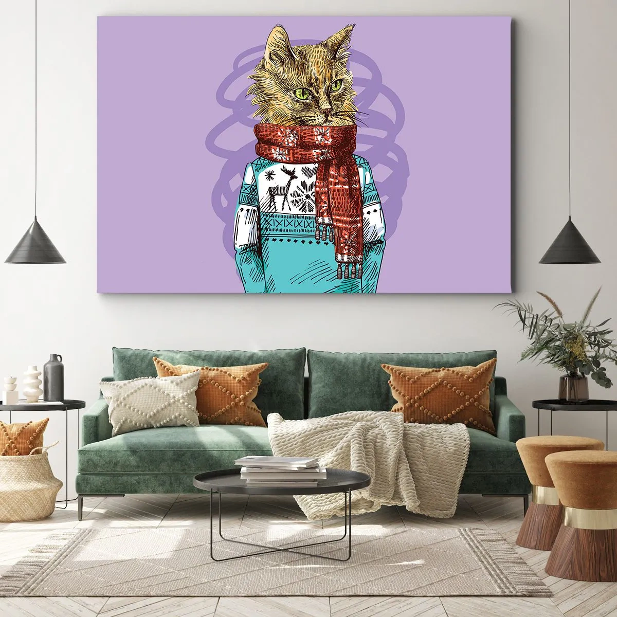 Impression sur toile - Image sur toile - Un chat en pull et écharpe sur fond violet - 100x70cm - Le chat, pas uniquement dans les chaussures - Décoration murale moderne pour le salon et la chambre ARTTOR