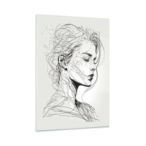 Impression sur verre - Image sur verre - Un croquis en noir et blanc d'une femme aux yeux fermés dans une ligne délicate. - 50x70cm - Portrait en pensée - Décoration murale moderne pour le salon et la chambre ARTTOR