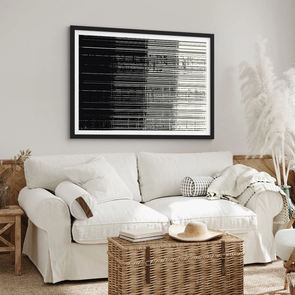 Affiche dans un cadre noir - Poster - Composition abstraite de lignes en noir et blanc contrastés - 70x50cm - Ondes et vibrations - Décoration murale moderne pour le salon et la chambre ARTTOR