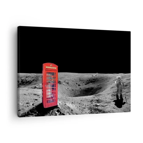 Impression sur toile - Image sur toile - Cabine téléphonique rouge sur la lune - 70x50cm - Une blague cosmique - Décoration murale moderne pour le salon et la chambre ARTTOR